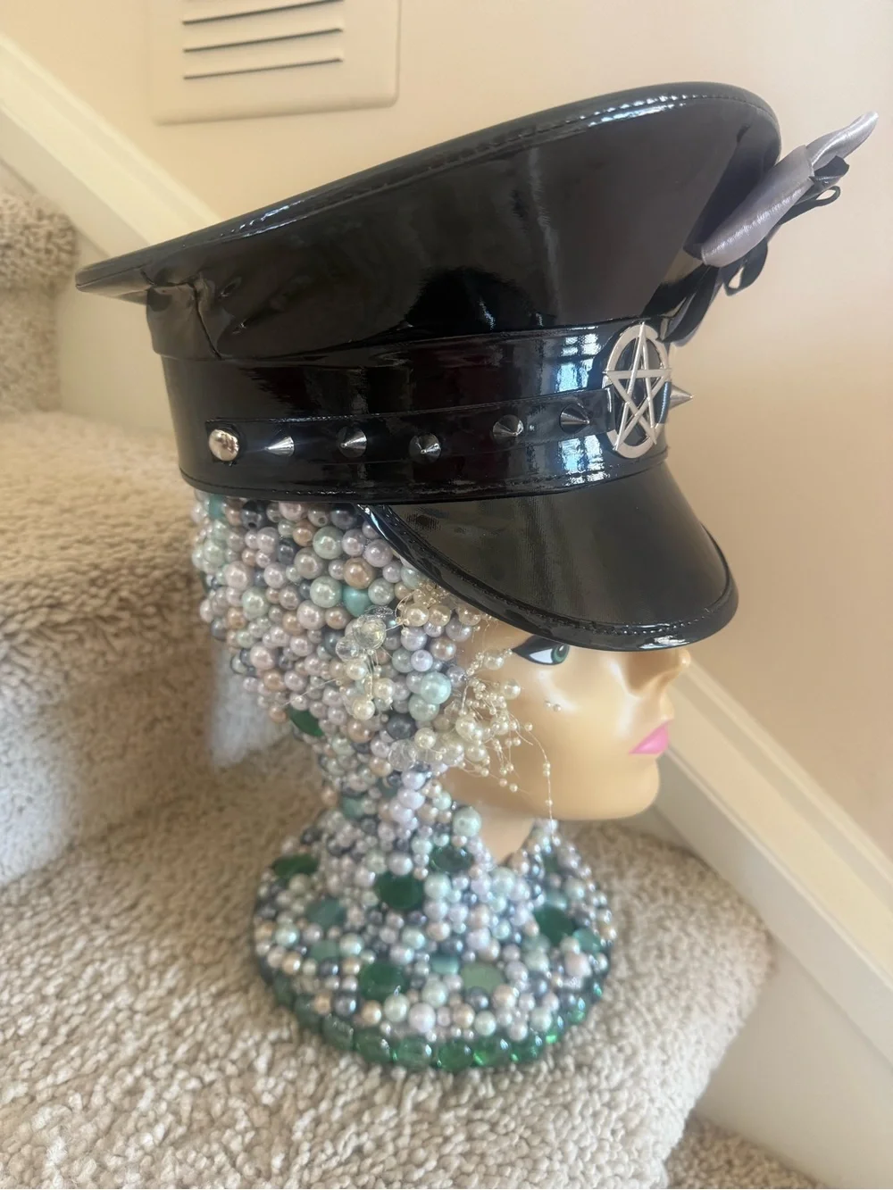 Black Patent Captain Hat with Silver Pentagram & Bat Bow
